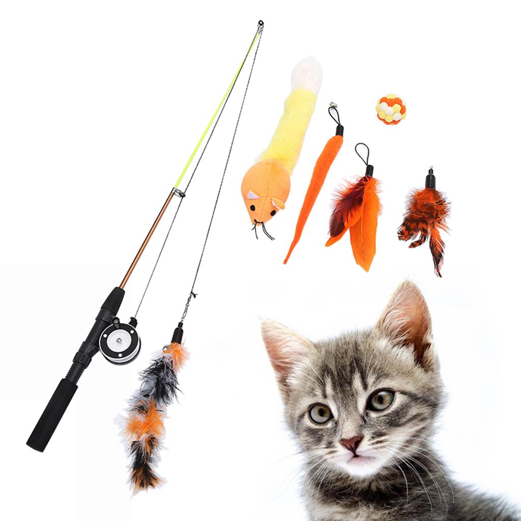 Feather Teaser Cat Toy Long Wand Fun Exercise Playing Training Toys Set