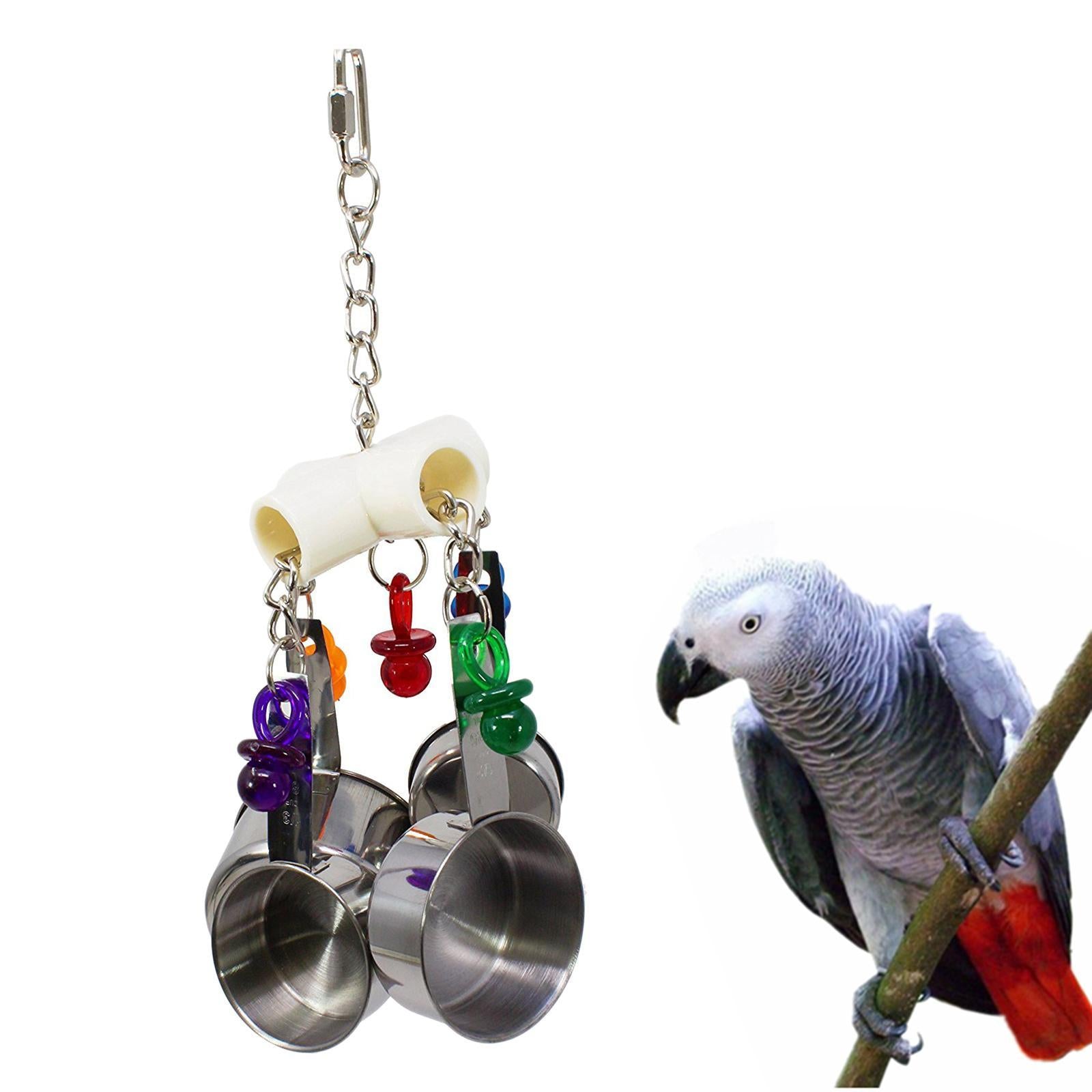 Bird Parrot 4 Pots Pendant Stainless Steel Acrylic String Chewing Bite Toys