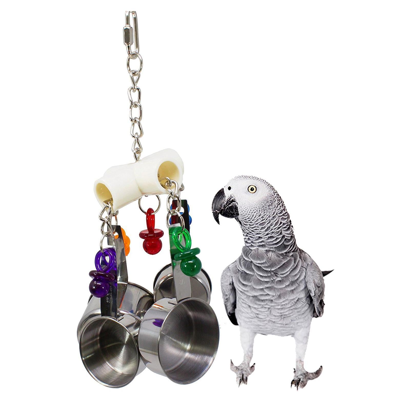 Bird Parrot 4 Pots Pendant Stainless Steel Acrylic String Chewing Bite Toys