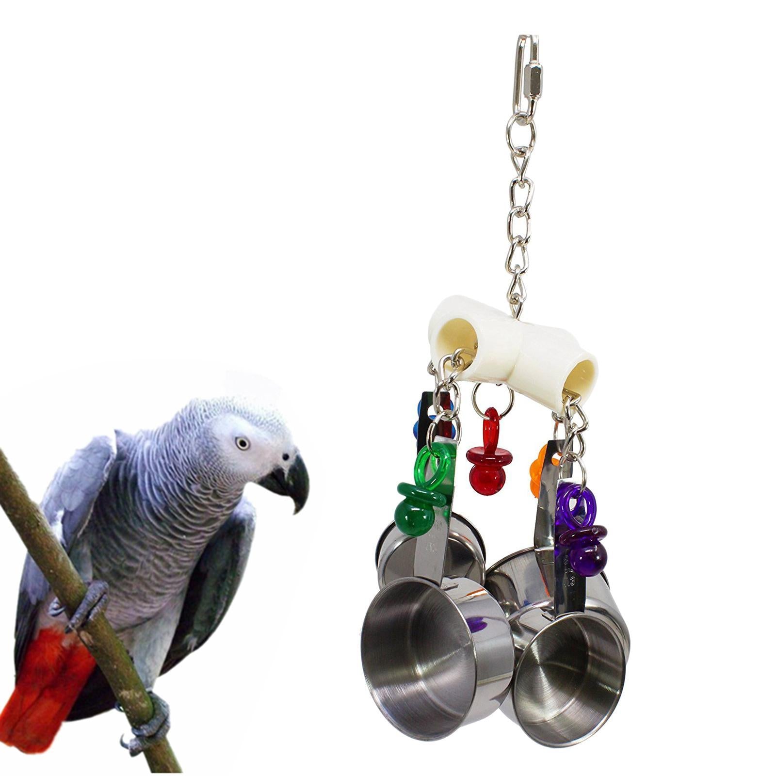 Bird Parrot 4 Pots Pendant Stainless Steel Acrylic String Chewing Bite Toys