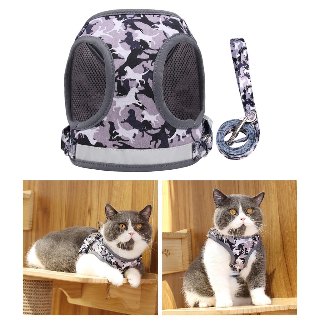 Adjustable Mesh Dog Harness with Leash Chest S M L XL for Small Dogs Cats Gray Camouflage S