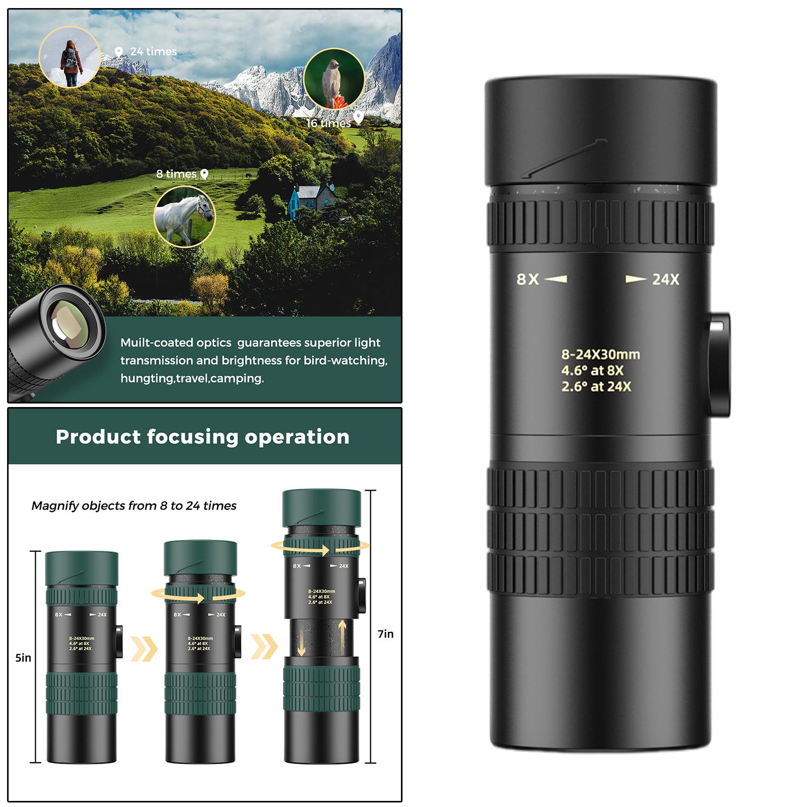 8-24X30 HD Zoom Monocular Scope for Traveling Concert Hiking Telescope Black
