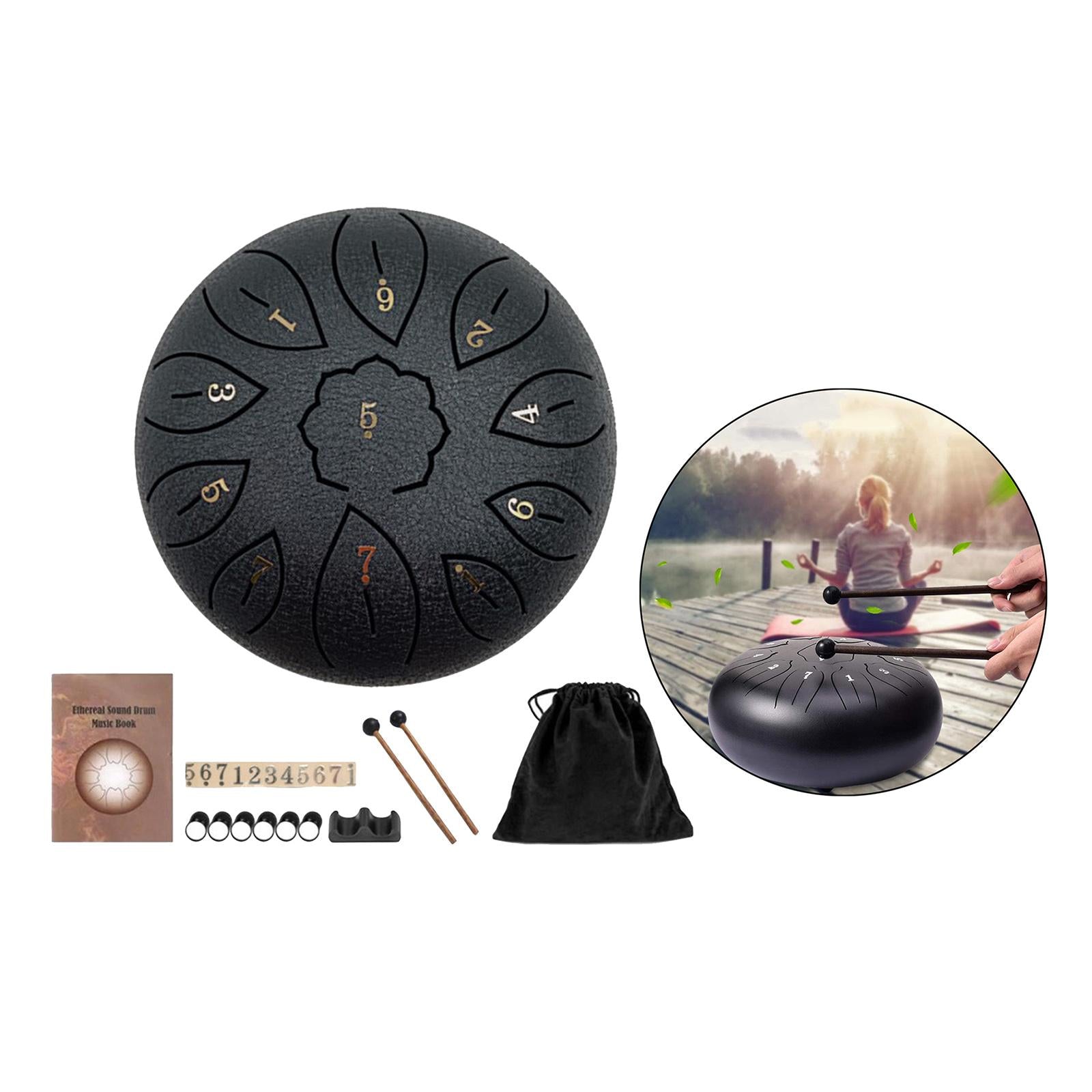 Mini 6 Inch Steel Tongue Drum and Carrying Bag Music Education Gift Present black