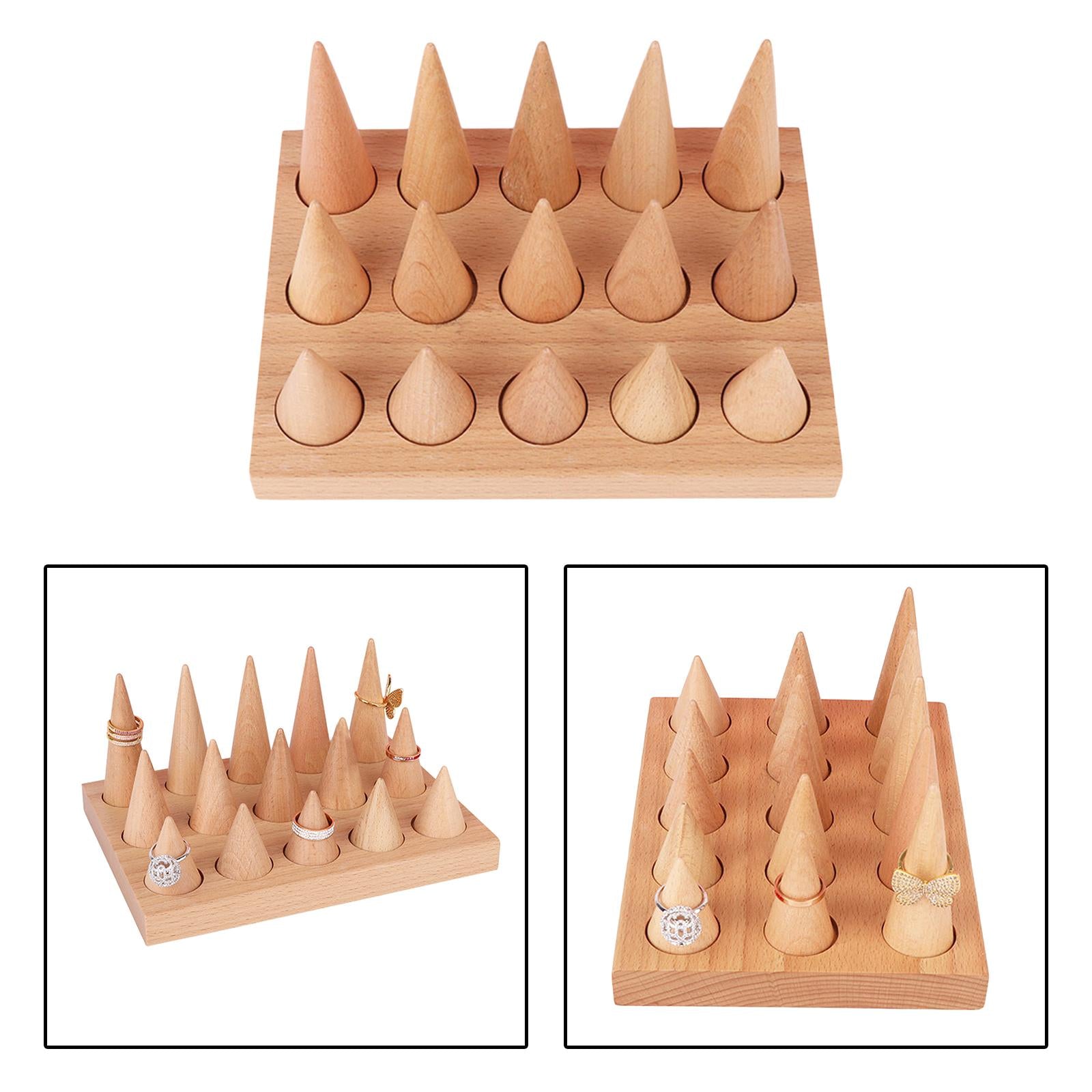 Natural Wood Rings Display Stands Storage 15 Cones Ring Holder with Tray