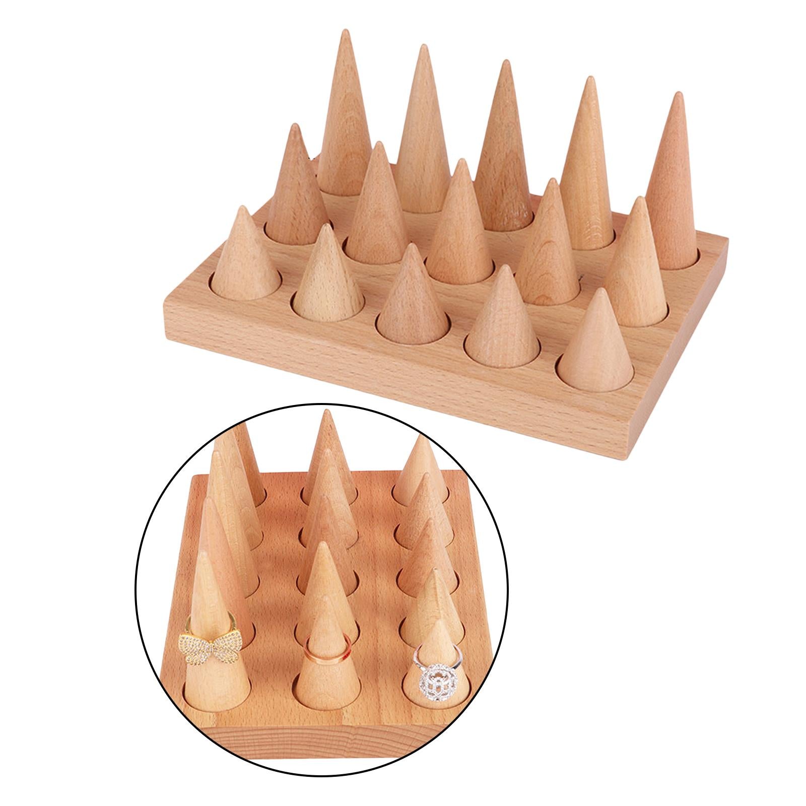 Natural Wood Rings Display Stands Storage 15 Cones Ring Holder with Tray