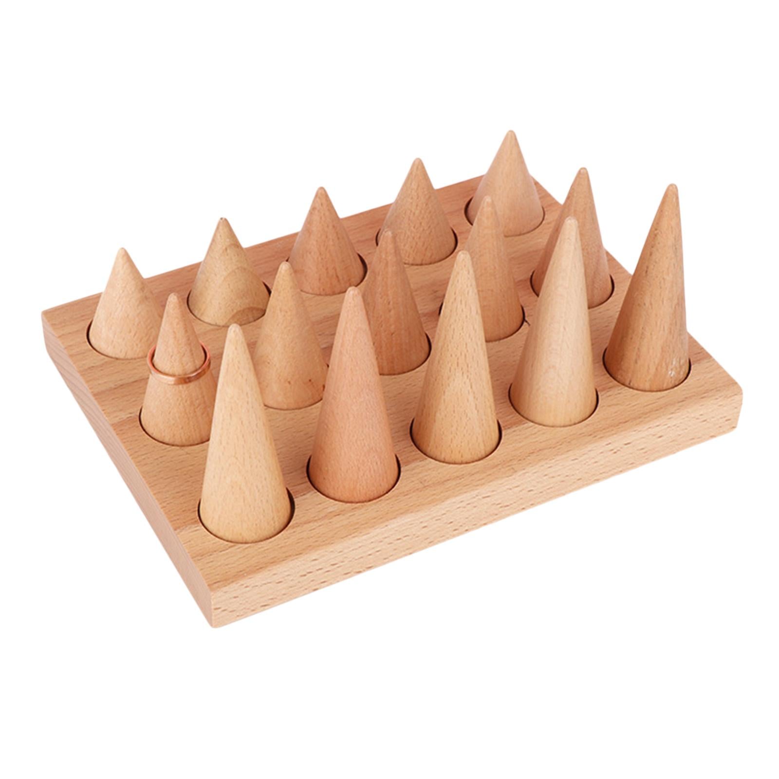 Natural Wood Rings Display Stands Storage 15 Cones Ring Holder with Tray