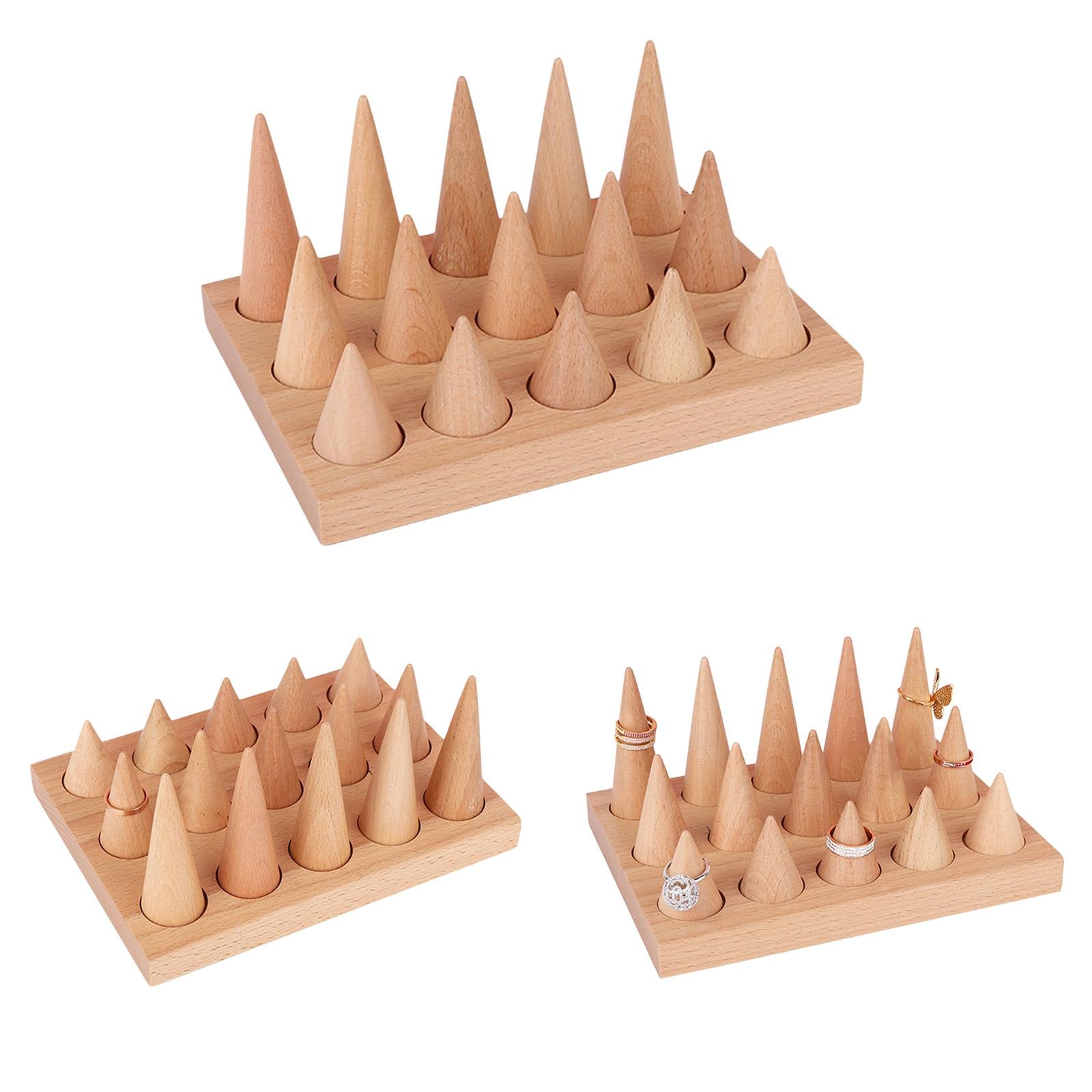 Natural Wood Rings Display Stands Storage 15 Cones Ring Holder with Tray