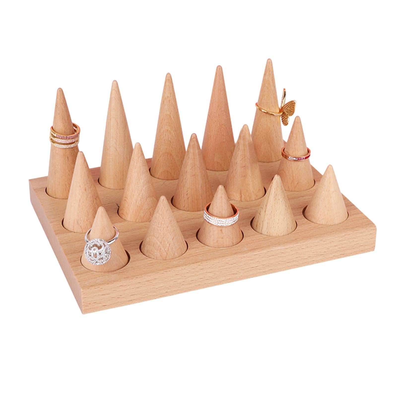 Natural Wood Rings Display Stands Storage 15 Cones Ring Holder with Tray