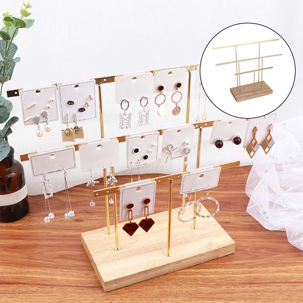 Earrings Holder Organizer for Ear Stud Jewelry Storage Gold + wood base