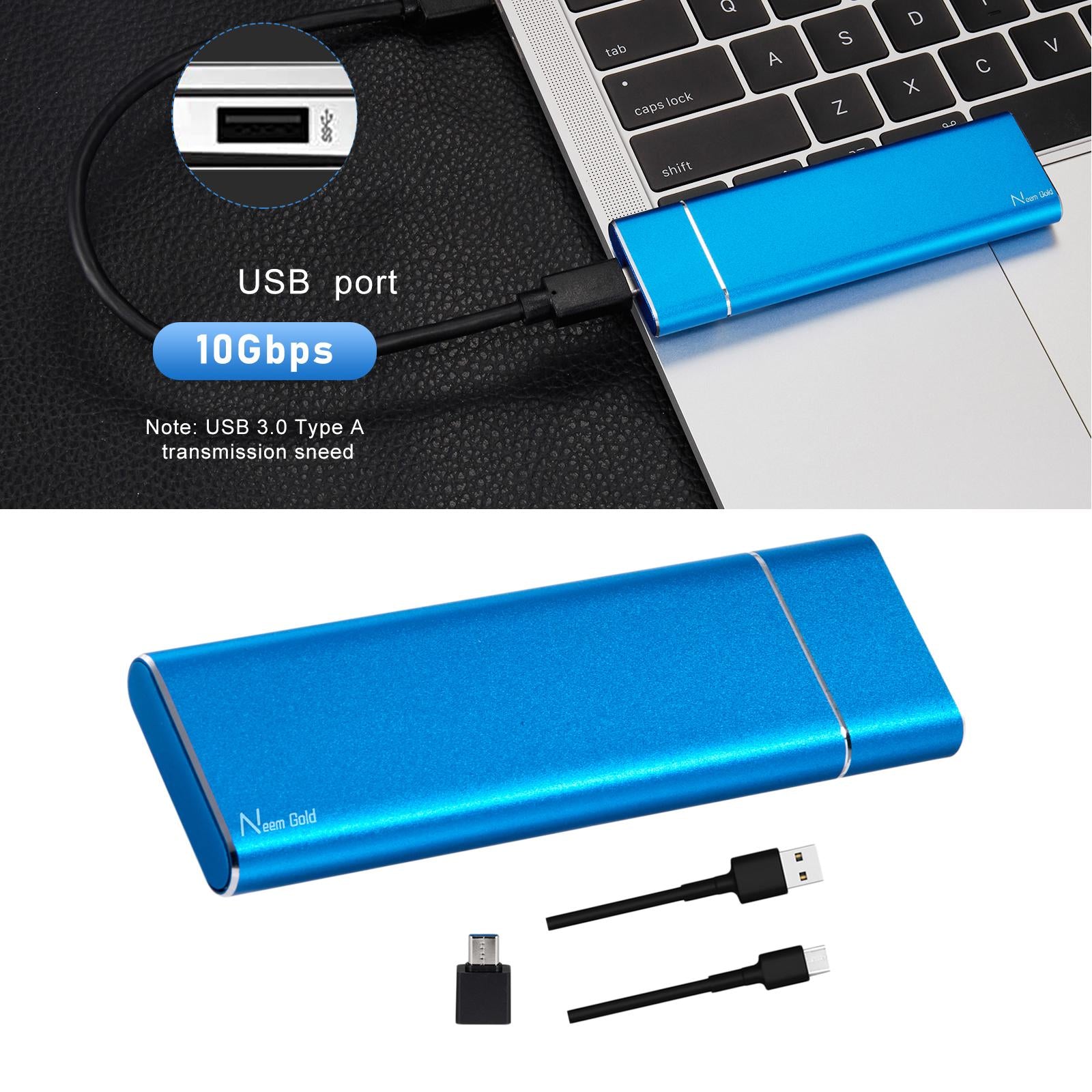 Portable USB 3.1 SSD 430MB/s Read Speed Solid State Drive Blue 1TB