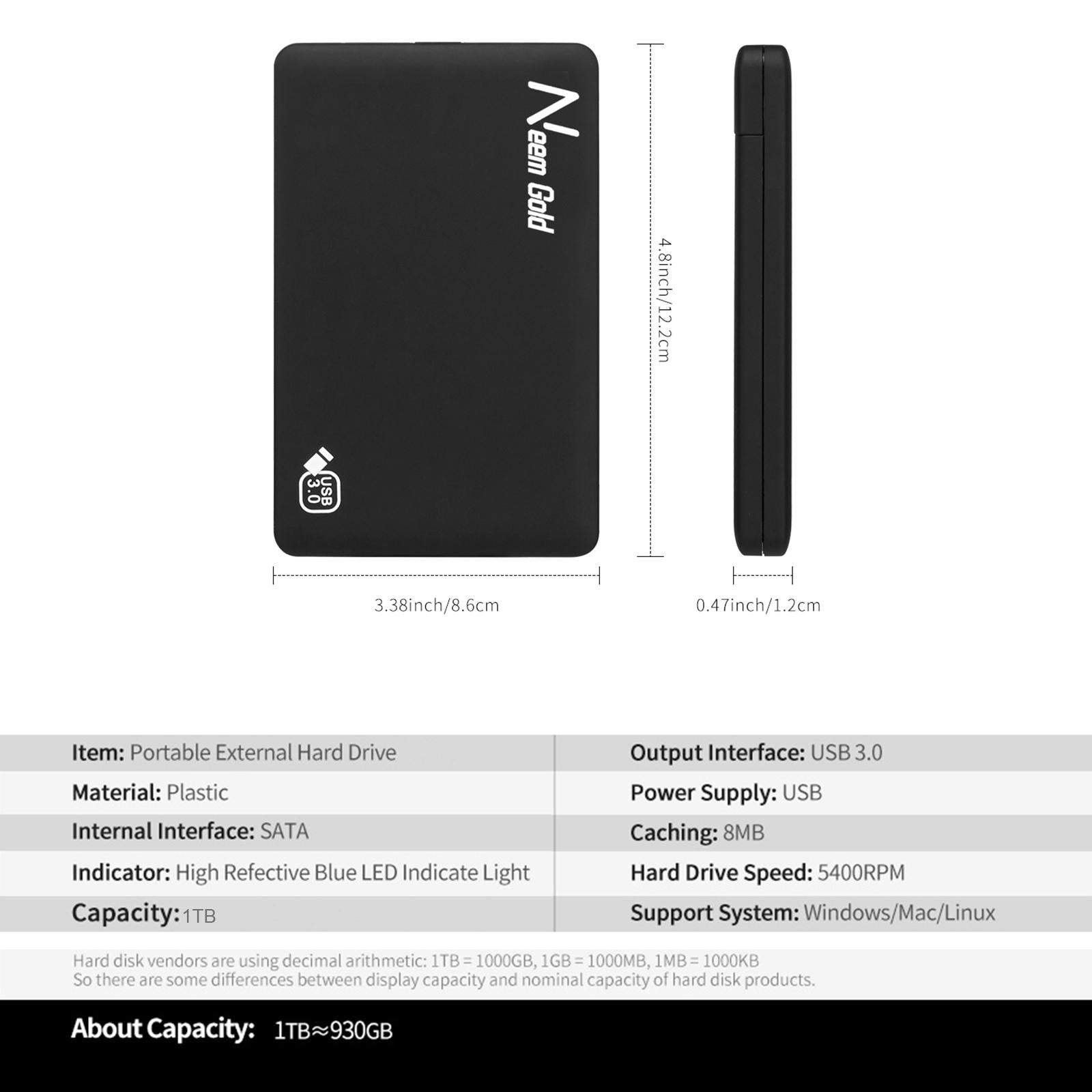 High Speed External Portable USB Hard Drive HDD for Laptops Black 1TB