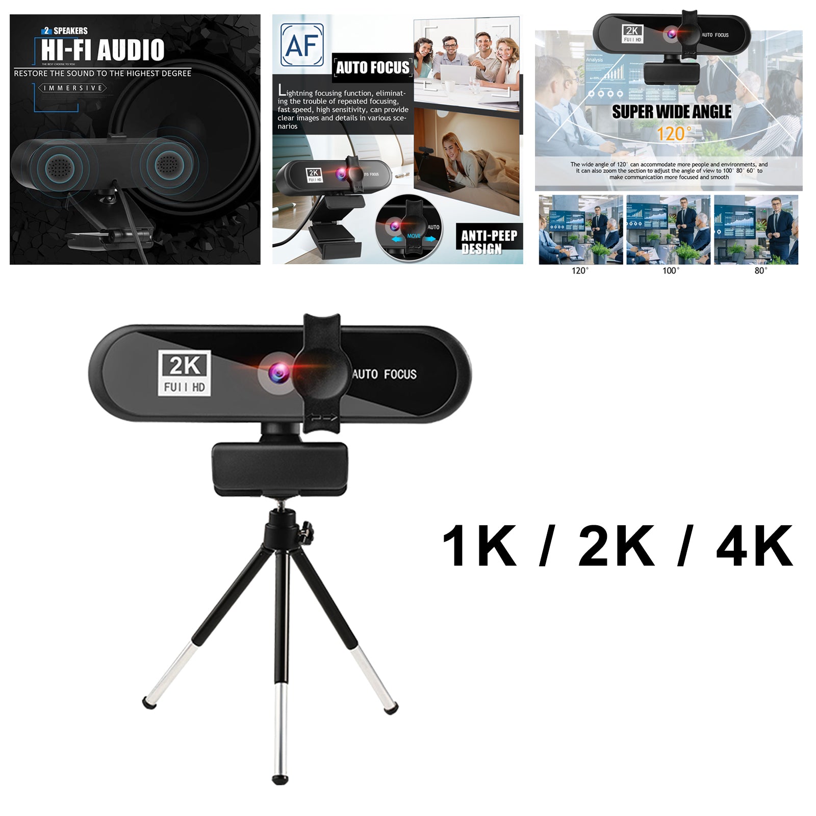 4K Full HD Streaming Webcam Autofocus for Live Broadcast 1k Black