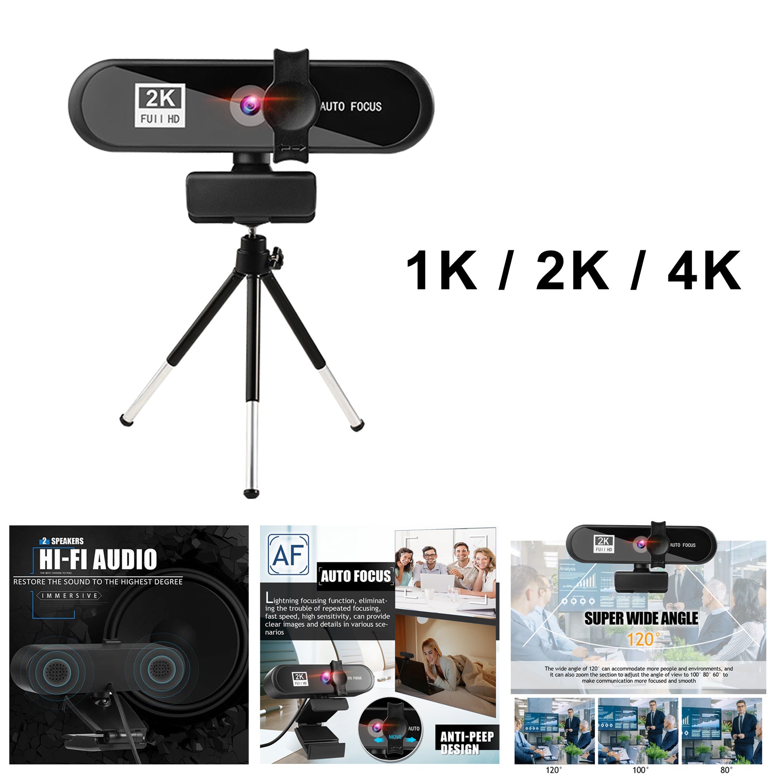 4K Full HD Streaming Webcam Autofocus for Live Broadcast 1k Black