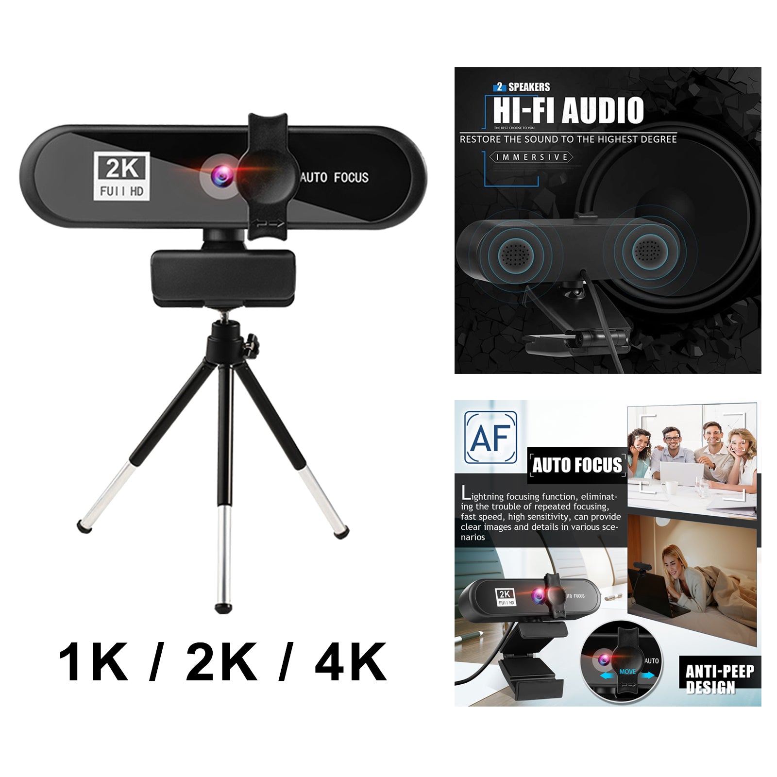 4K Full HD Streaming Webcam Autofocus for Live Broadcast 1k Black