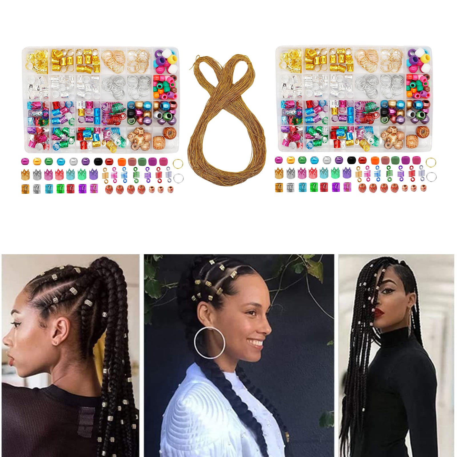 238Pcs Dreadlock Braid Cuffs Beads Rings Hair Decoration Box Package