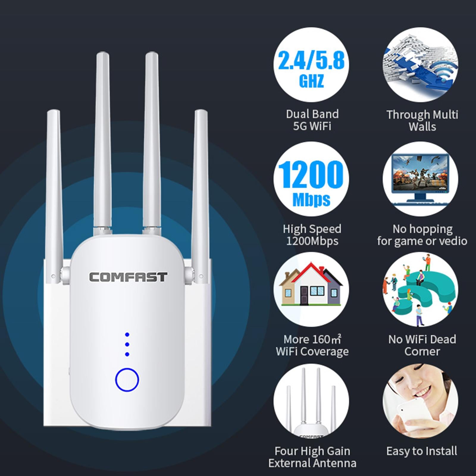 1200Mbps WiFi Repeater Wireless Range Extender Dual Band Signal Booster EU