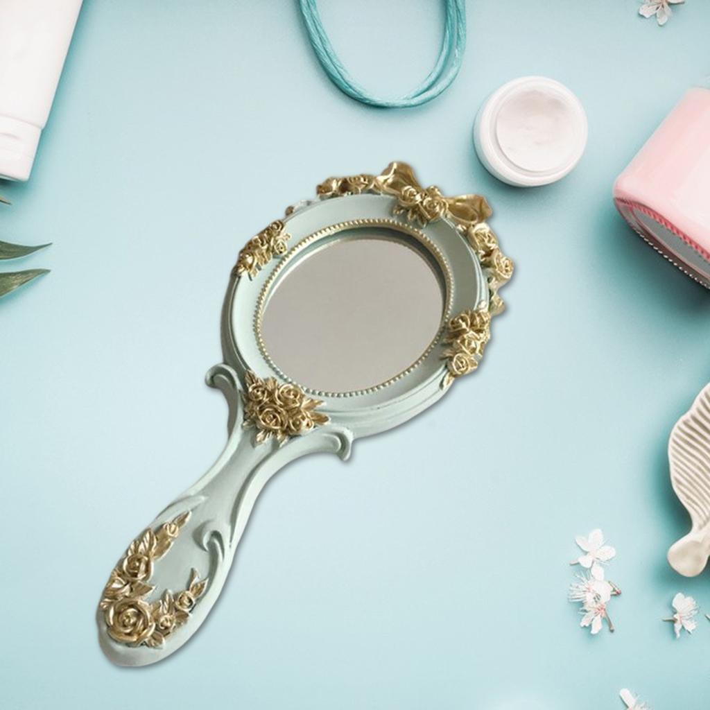 Handheld Mirror with Embossed Rose Pattern for Makeup, Oval Shape Blue