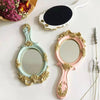 Handheld Mirror with Embossed Rose Pattern for Makeup, Oval Shape Blue