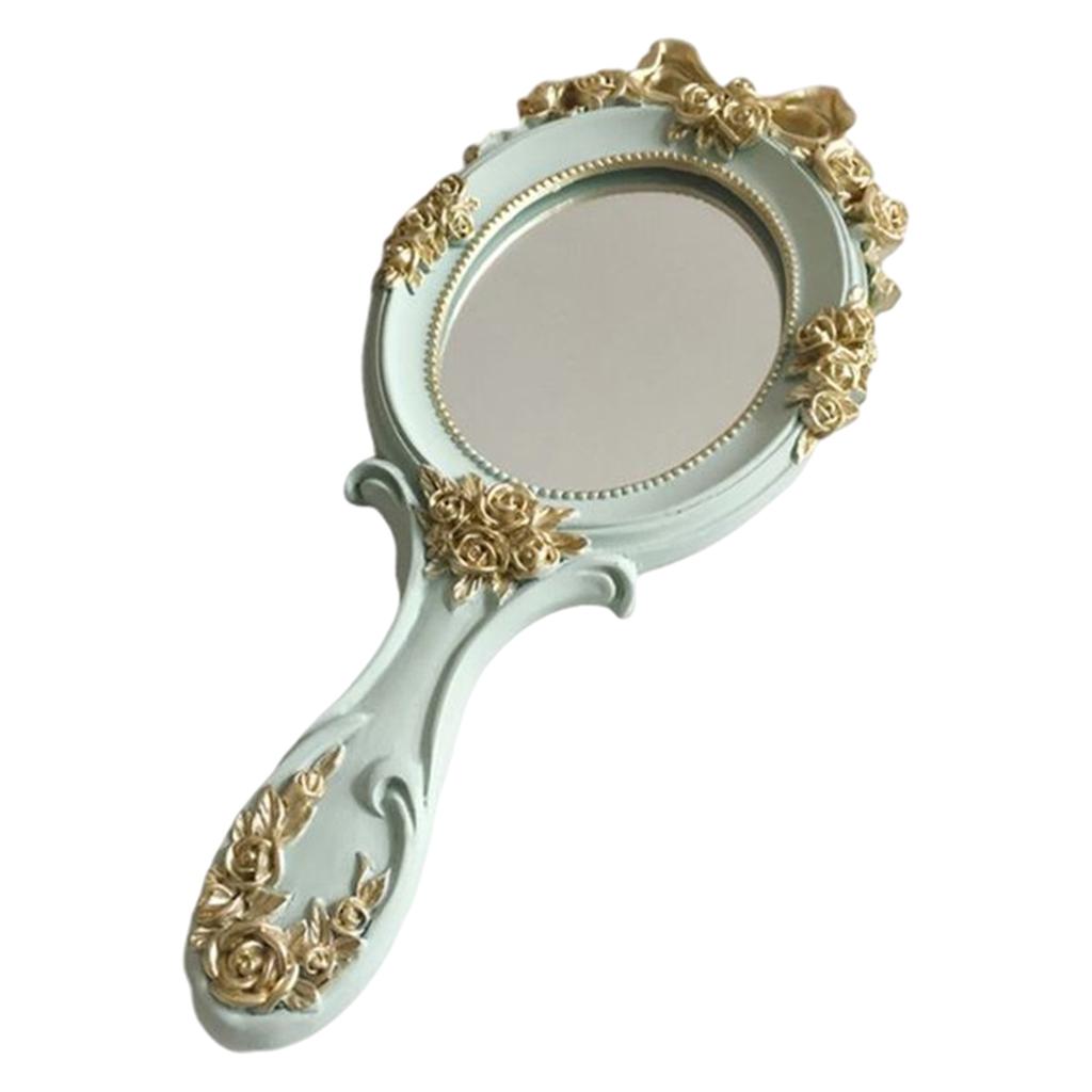 Handheld Mirror with Embossed Rose Pattern for Makeup, Oval Shape Blue