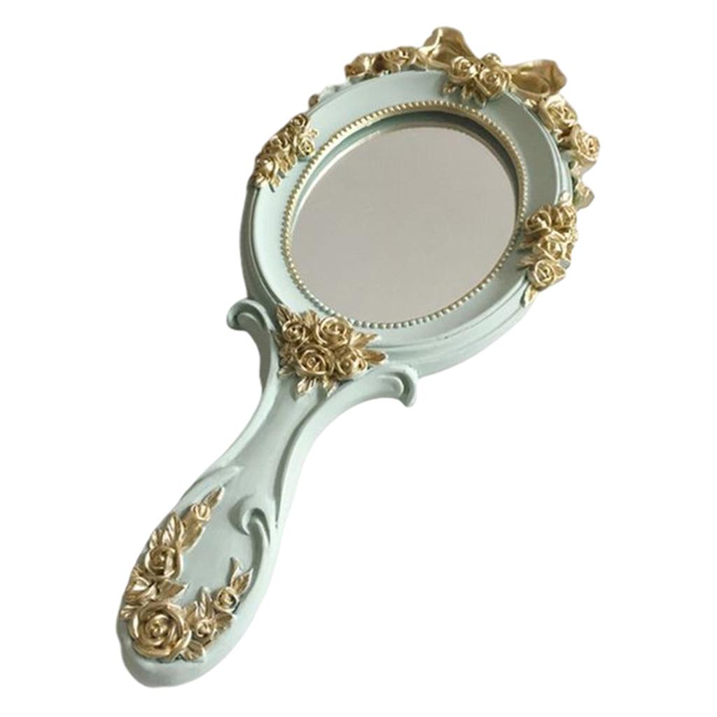 Handheld Mirror with Embossed Rose Pattern for Makeup, Oval Shape Blue