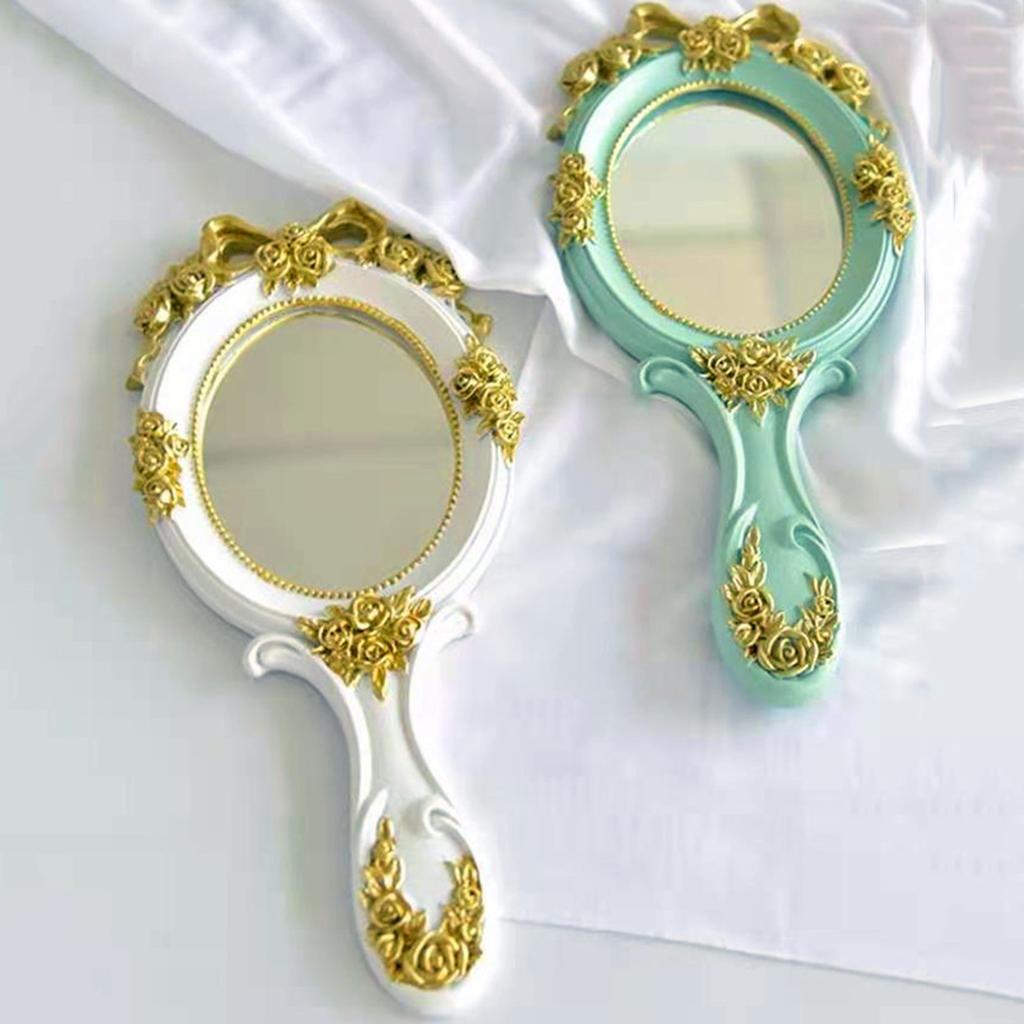 Handheld Mirror with Embossed Rose Pattern for Makeup, Oval Shape Blue