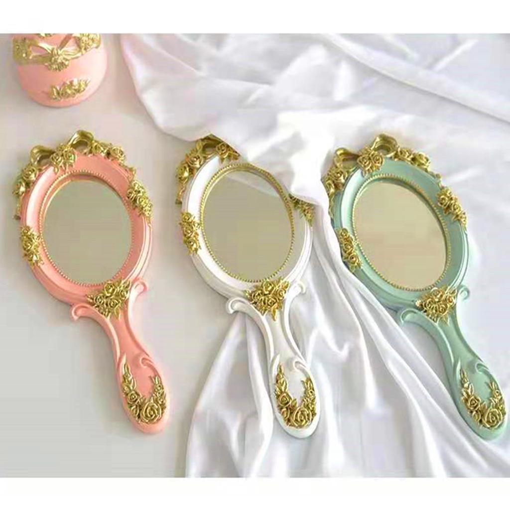 Handheld Mirror with Embossed Rose Pattern for Makeup, Oval Shape Blue