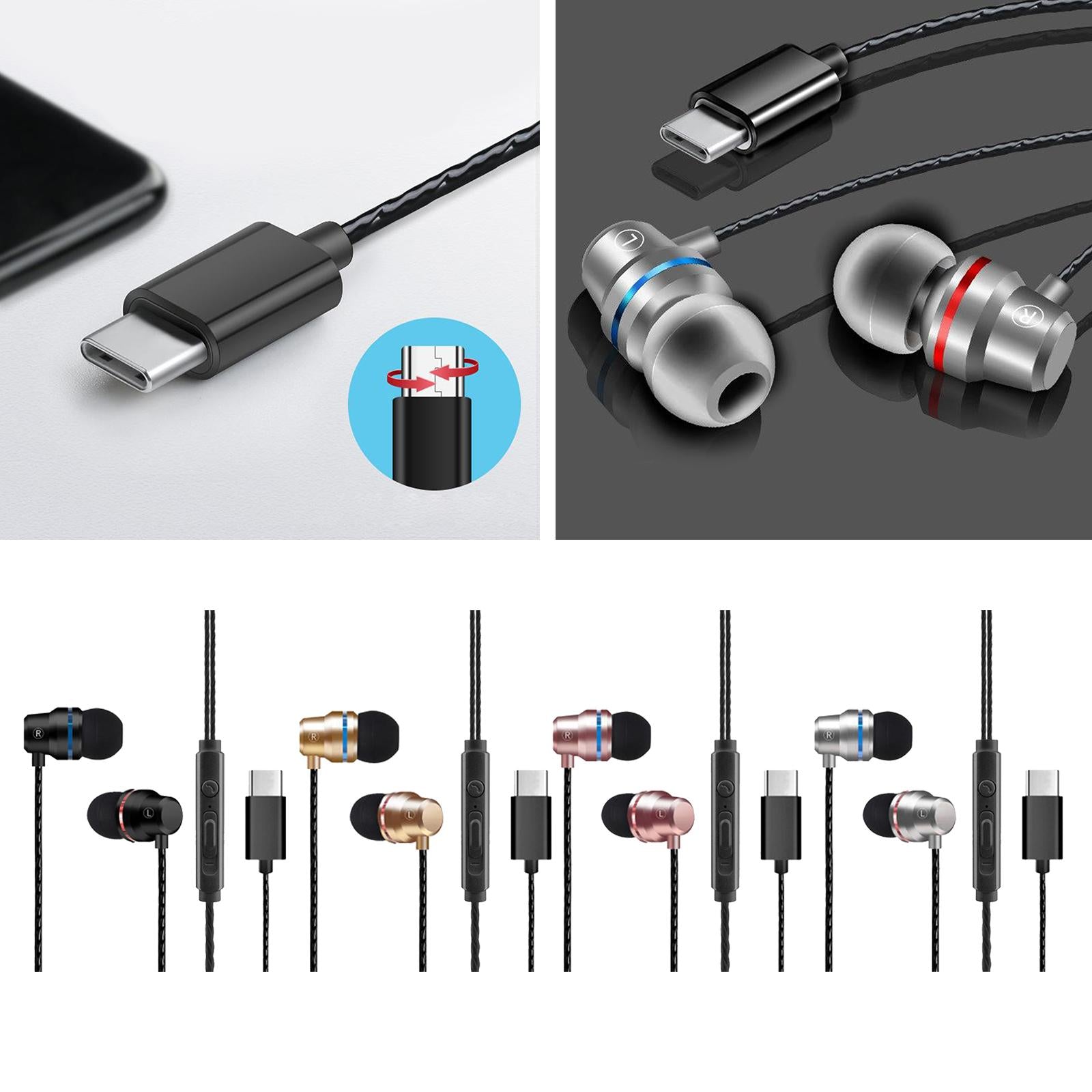 Universal Durable USB Type C Headphones Wired In-ear Earbuds Rose Gold