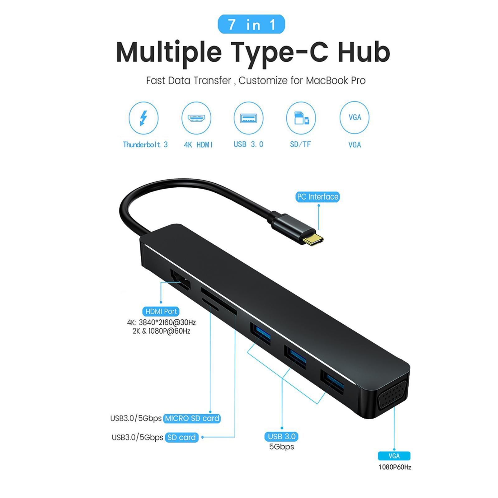 Aluminum 7 in 1 USB 3.0 C to HDMI 4K Hub Multiport Adapter Dongle