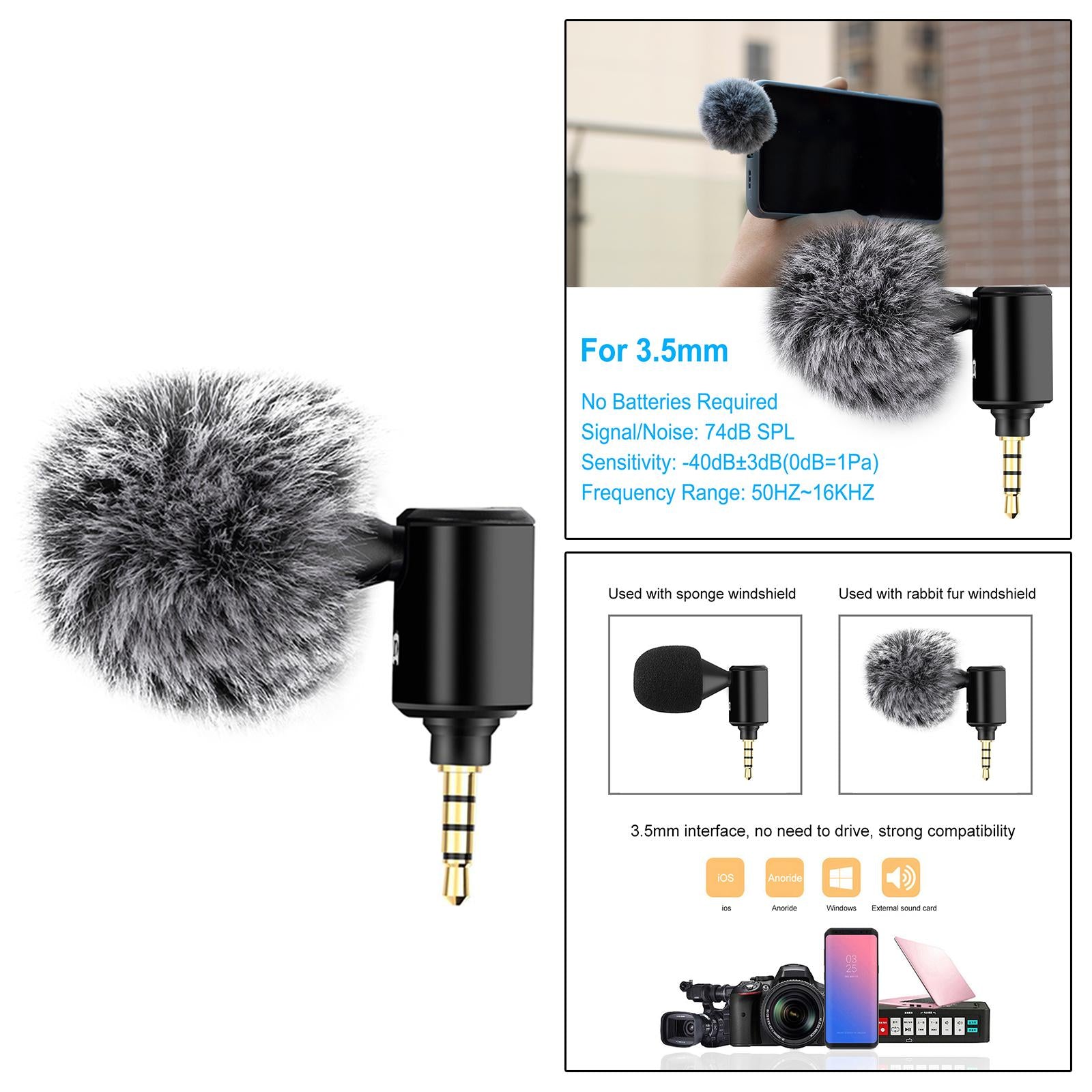 Condenser Microphone Phone Mic Plug and Play for iPhone Black 3.5mm