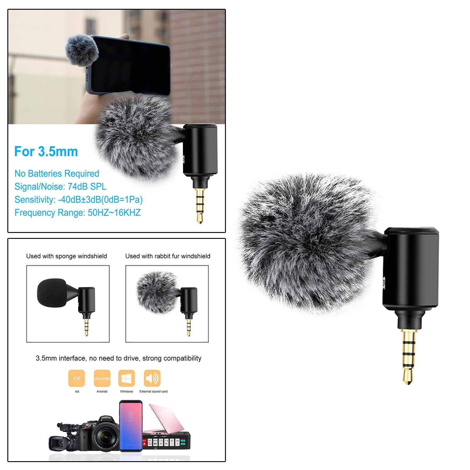 Condenser Microphone Phone Mic Plug and Play for iPhone Black 3.5mm