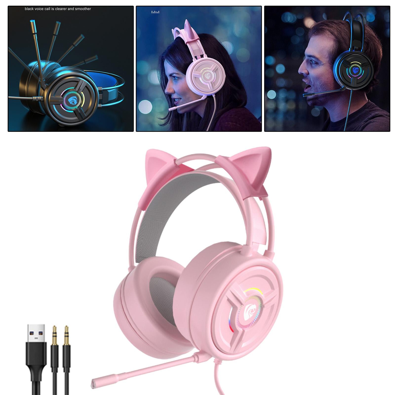 PSH-200 3.5mm Gaming Headset Headphone w/Mic for PC Laptop Pink Cat Ear