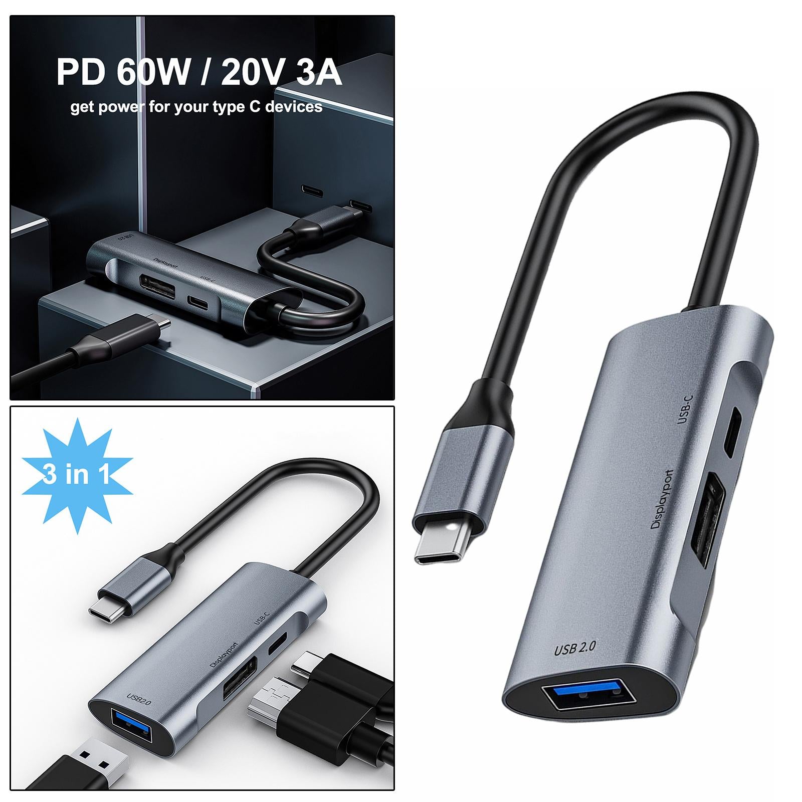 USB C to Display Multiport 3 in 1 Adapter for MacBook Pro Tablet Projector