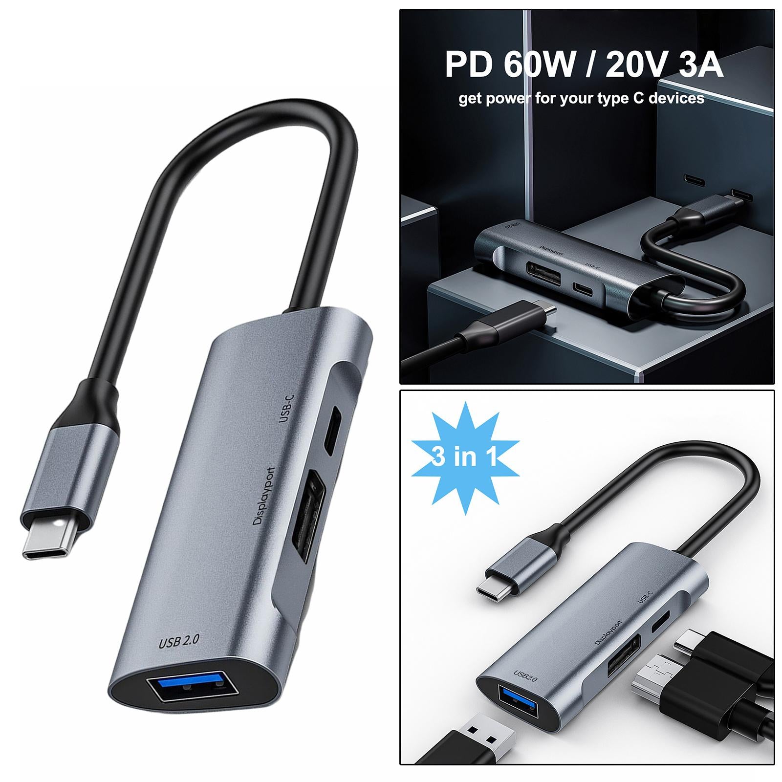 USB C to Display Multiport 3 in 1 Adapter for MacBook Pro Tablet Projector