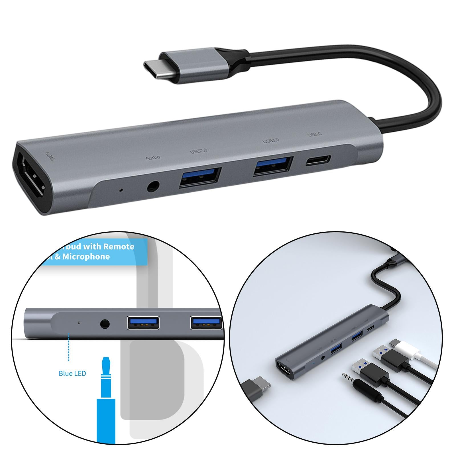 USB C Hub 5 in 1 USB 3.0 Port 3.5mm Audio Port 60W PD Charger for HP/XPS/PC