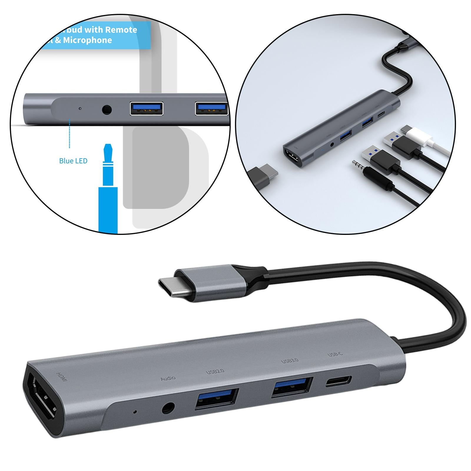 USB C Hub 5 in 1 USB 3.0 Port 3.5mm Audio Port 60W PD Charger for HP/XPS/PC