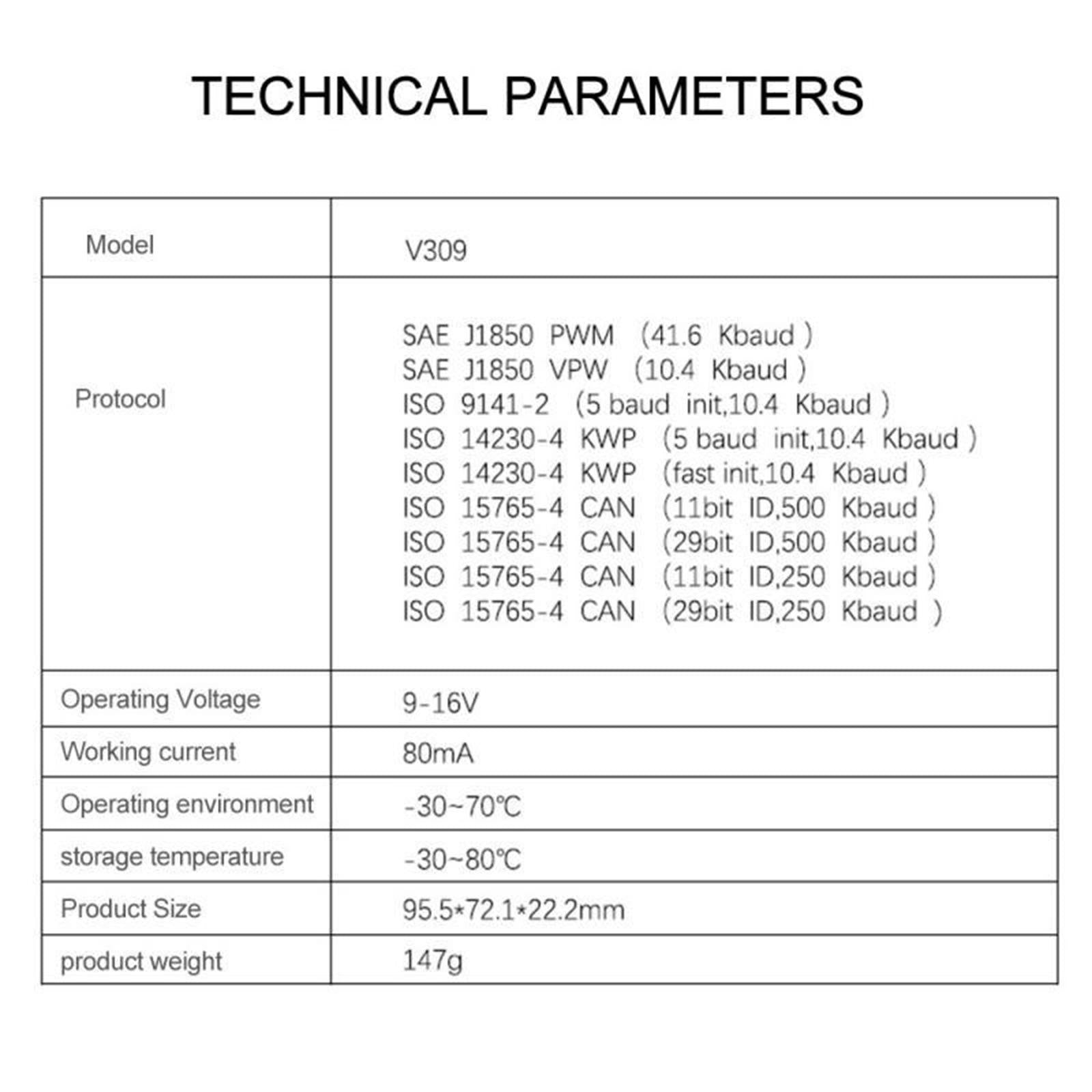 V309 Vehicle Diagnostic Interface Scanner Fault Code Reader Scan Reset Tool