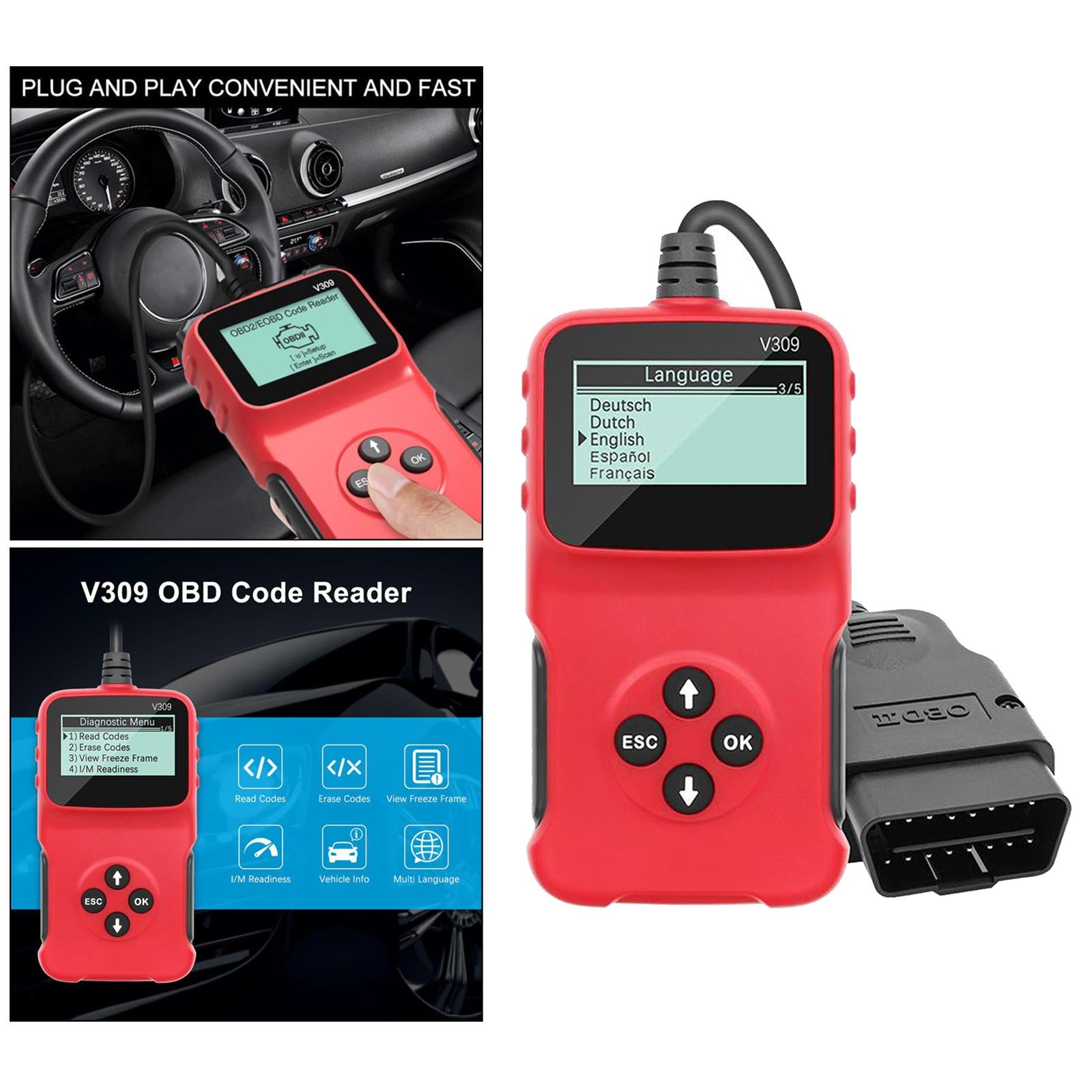 V309 Vehicle Diagnostic Interface Scanner Fault Code Reader Scan Reset Tool