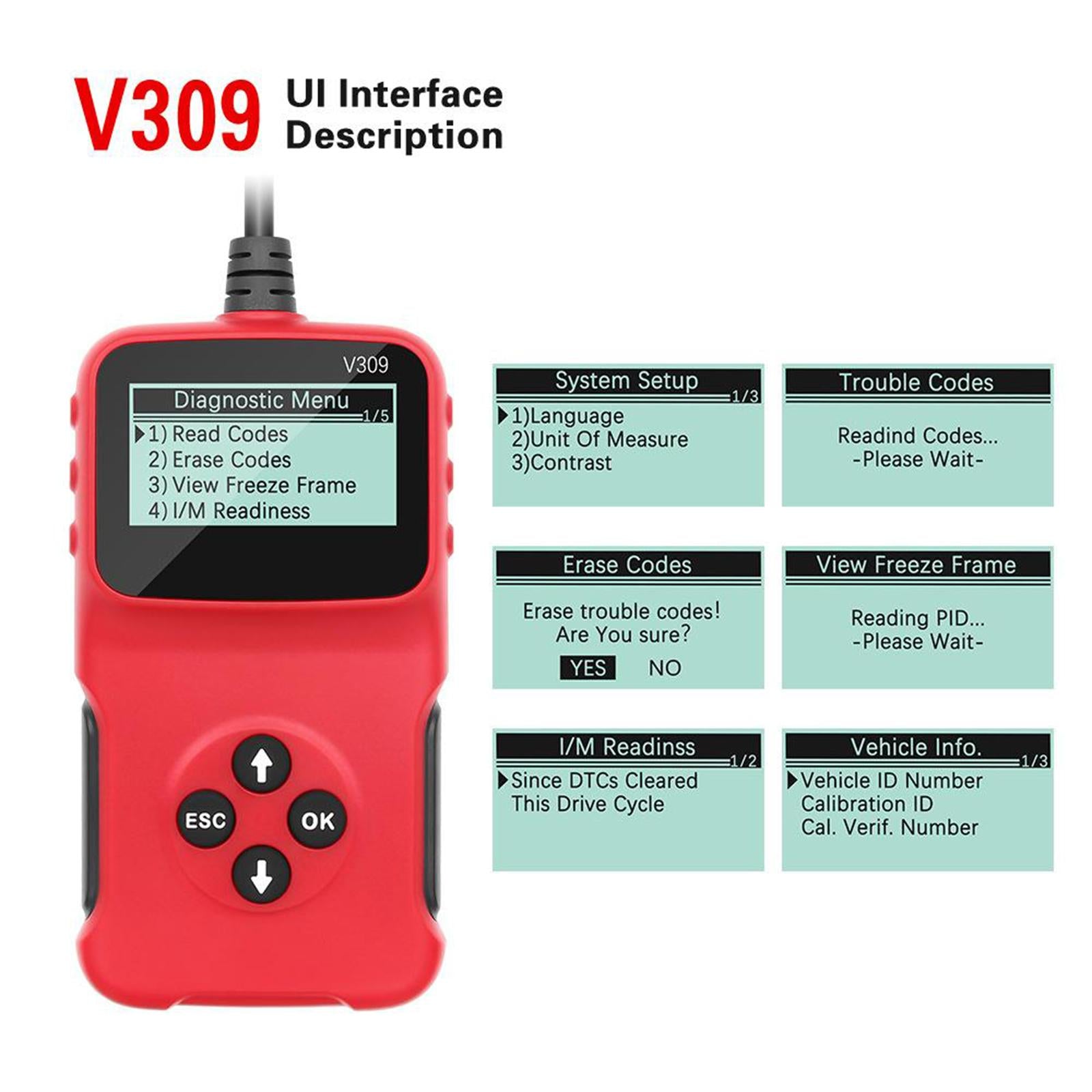 V309 Vehicle Diagnostic Interface Scanner Fault Code Reader Scan Reset Tool