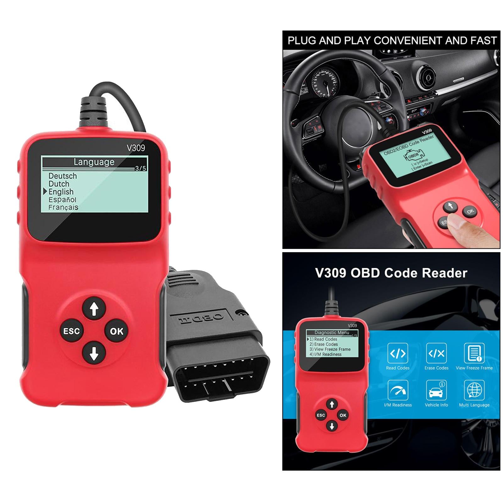 V309 Vehicle Diagnostic Interface Scanner Fault Code Reader Scan Reset Tool