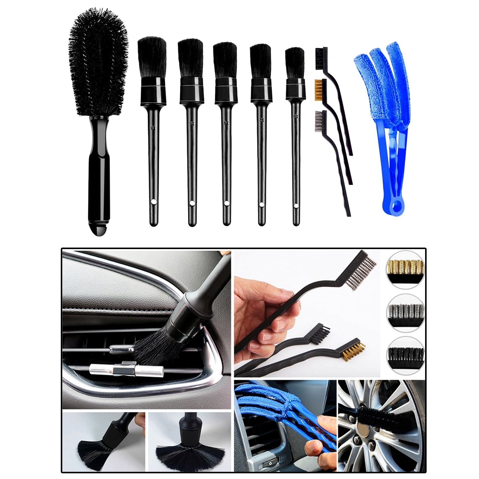 10pcs Multi-Purpose Automotive Detailing Brush Kit Tires Wheel Clean Brush