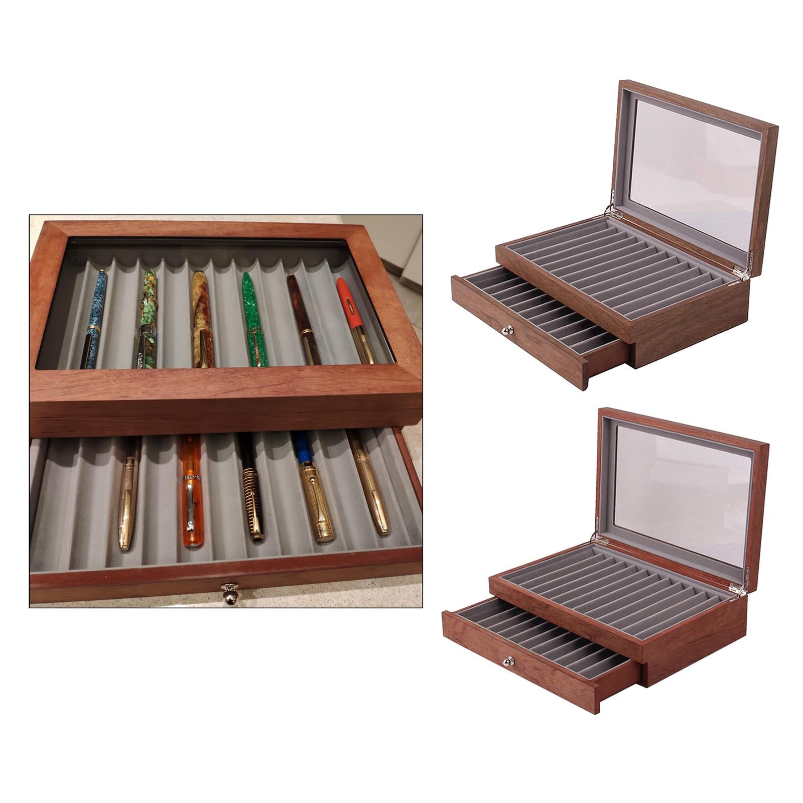 Large Capacity 2 Layer 23 Slots Wood Pen Storage Box & Lid Window Rosewood