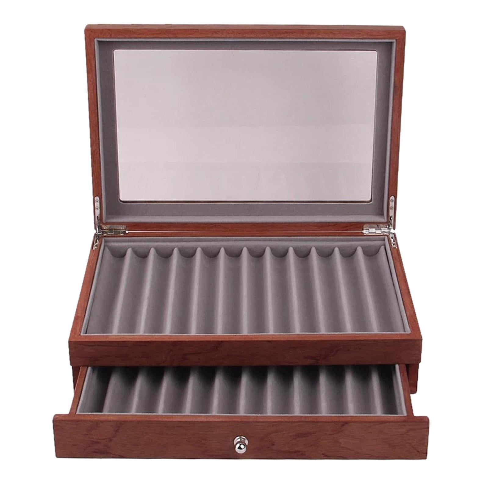 Large Capacity 2 Layer 23 Slots Wood Pen Storage Box & Lid Window Rosewood