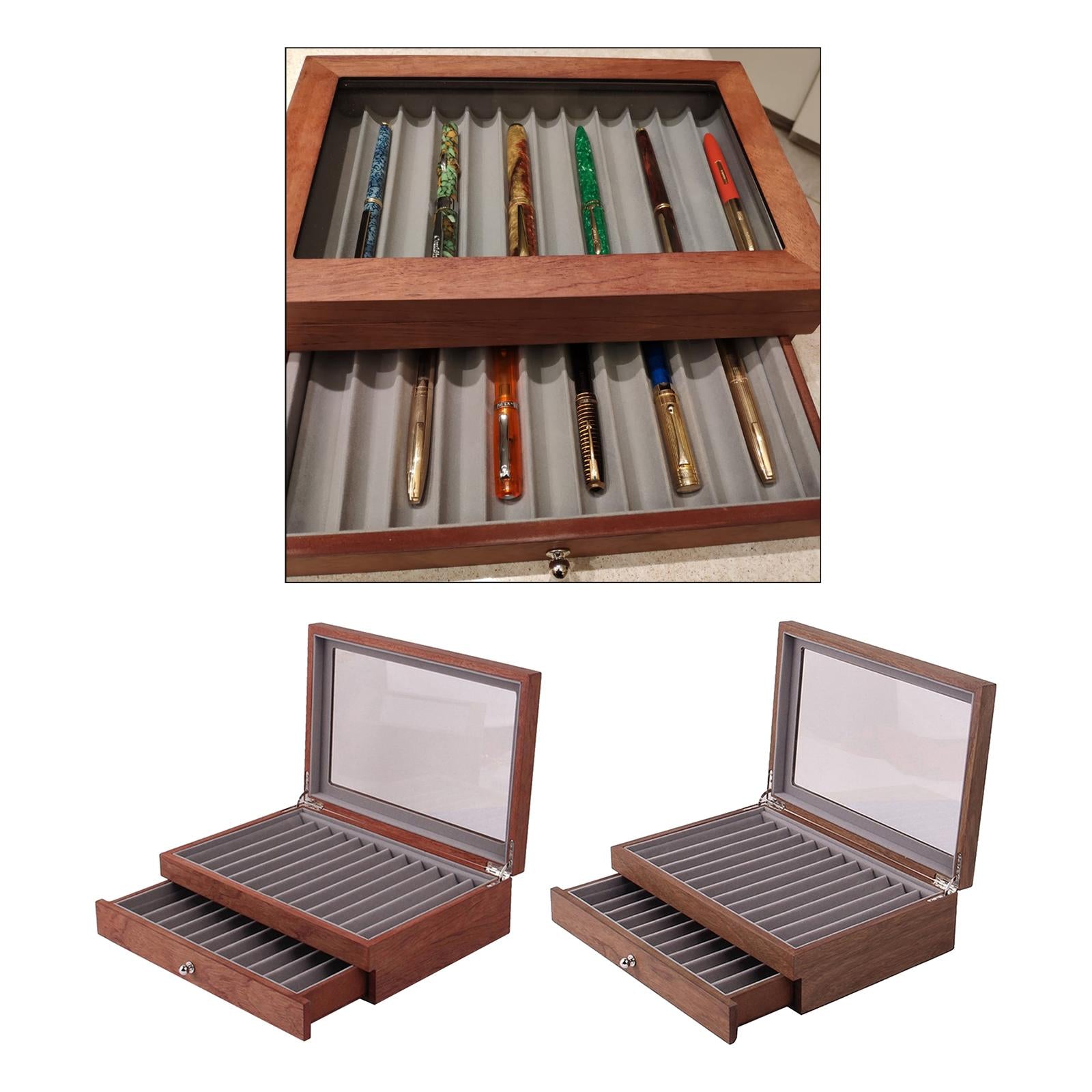 Large Capacity 2 Layer 23 Slots Wood Pen Storage Box & Lid Window Rosewood