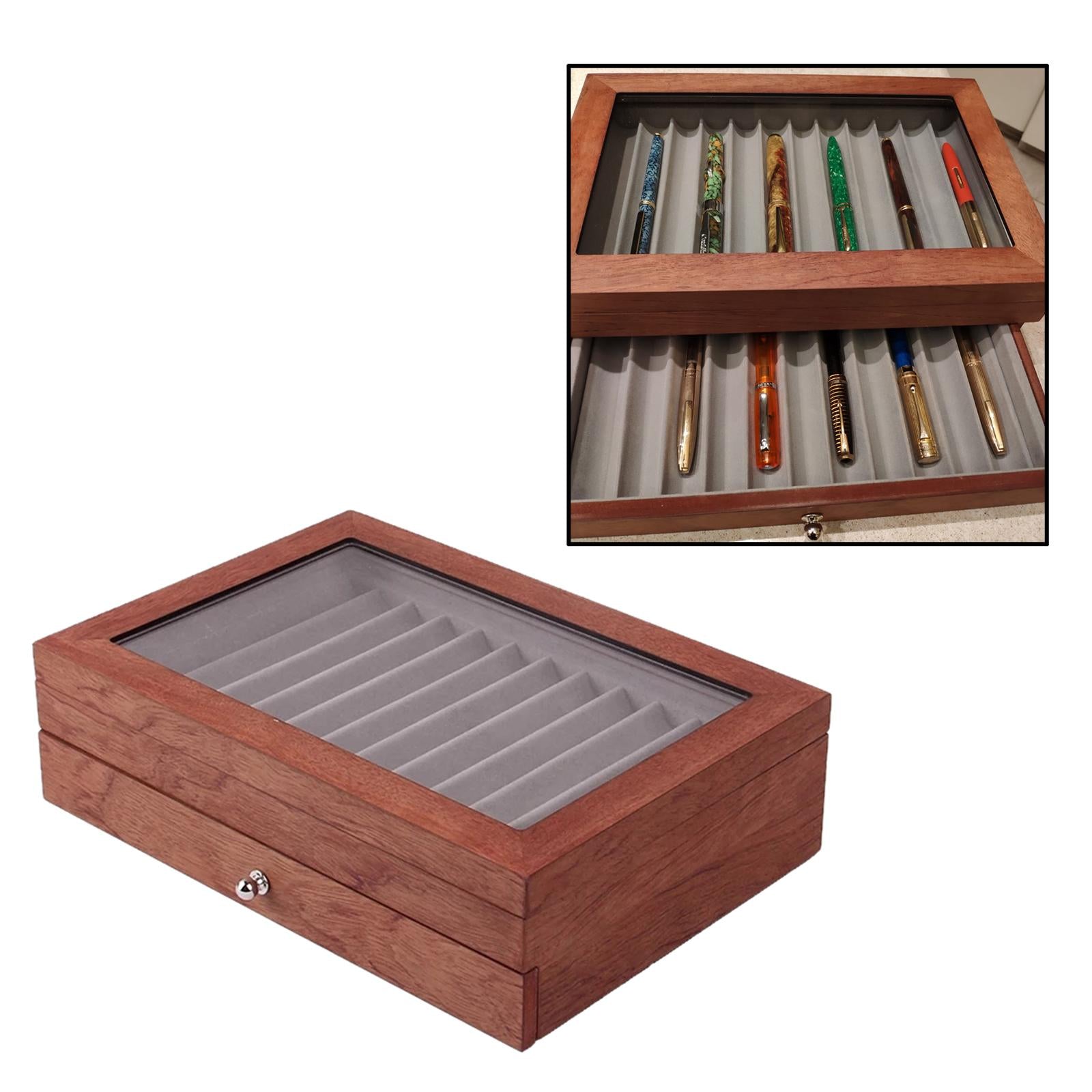 Large Capacity 2 Layer 23 Slots Wood Pen Storage Box & Lid Window Rosewood