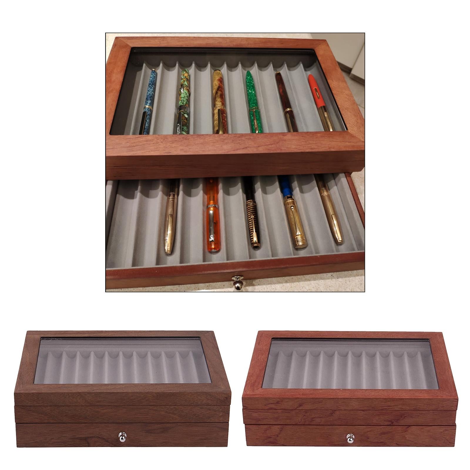 Large Capacity 2 Layer 23 Slots Wood Pen Storage Box & Lid Window Rosewood