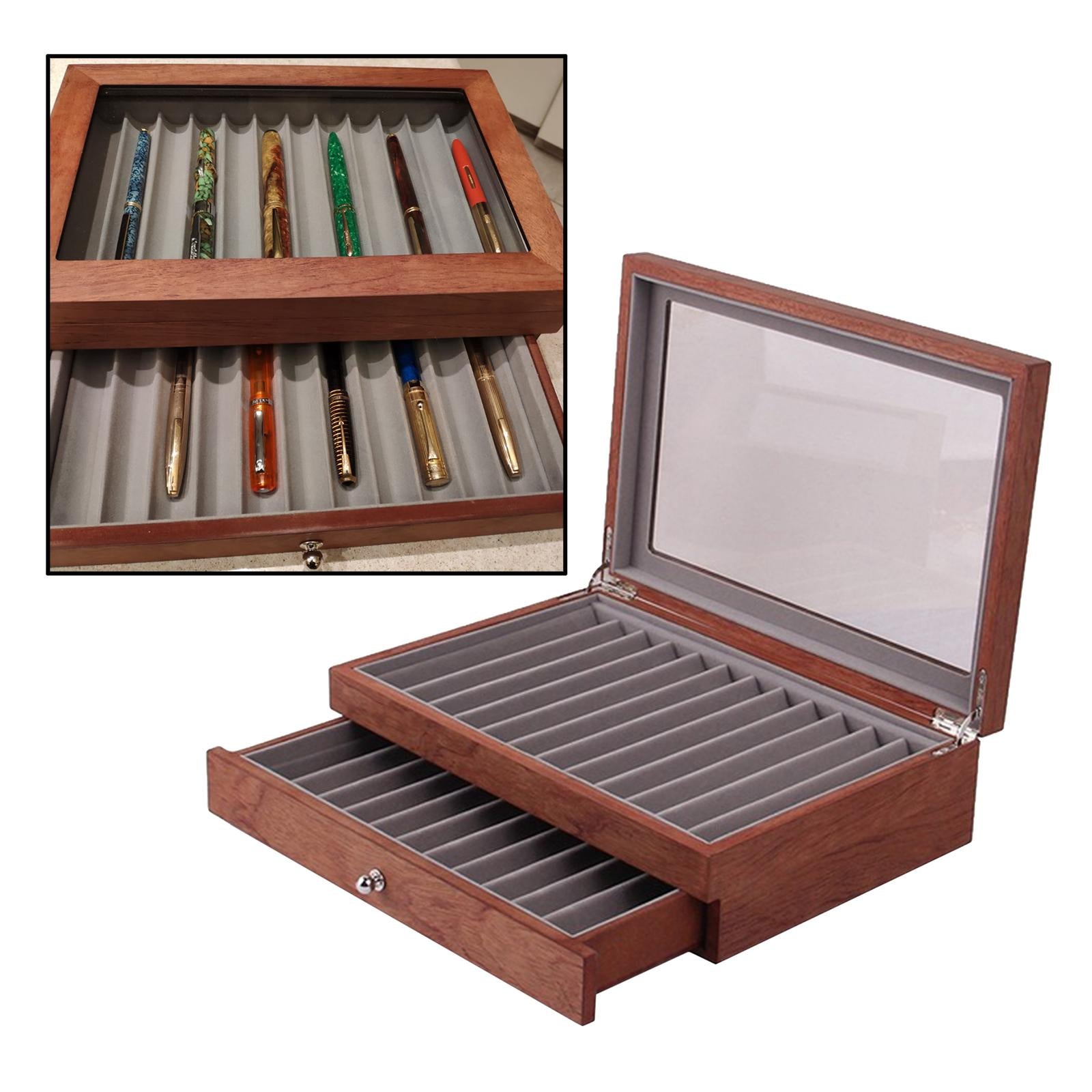 Large Capacity 2 Layer 23 Slots Wood Pen Storage Box & Lid Window Rosewood