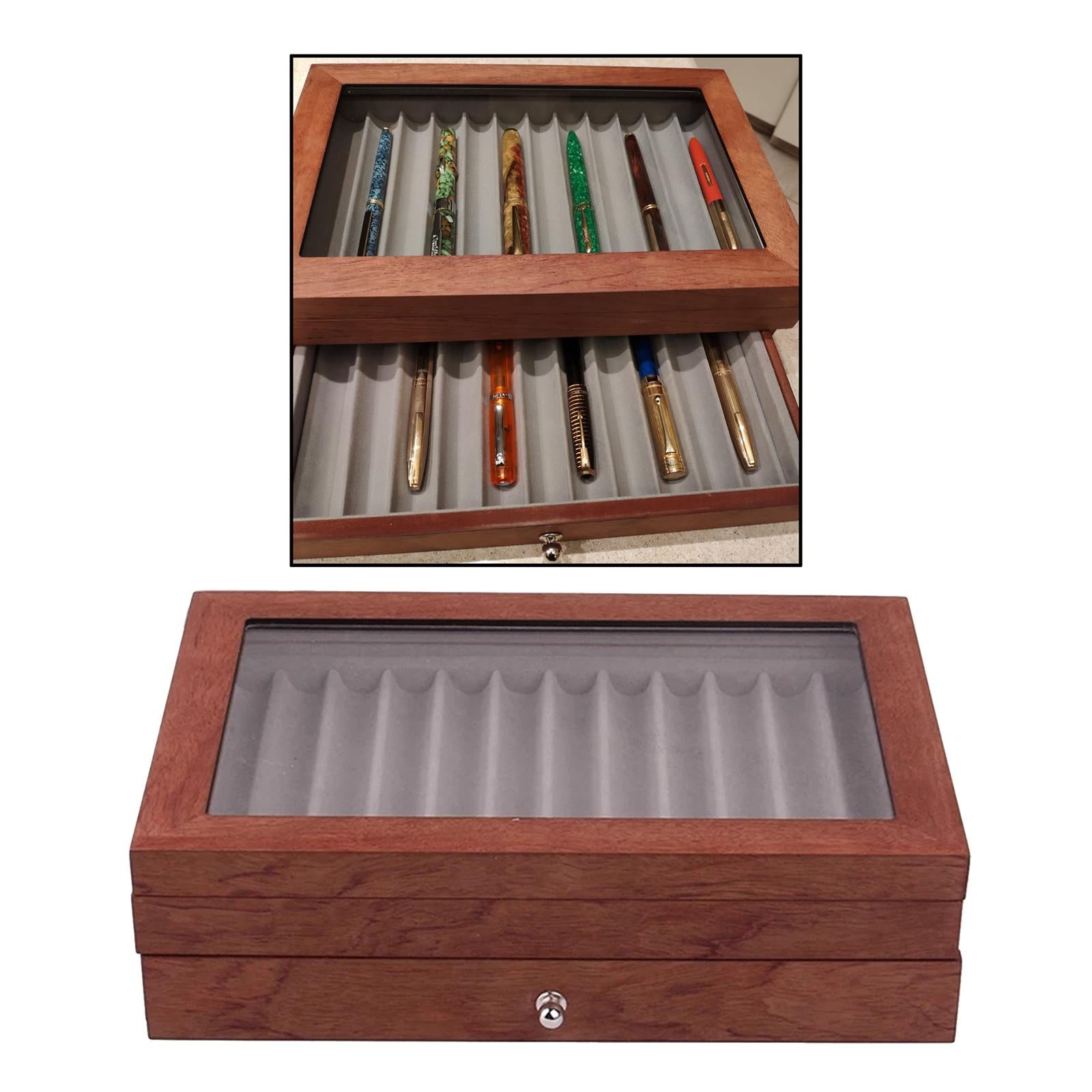 Large Capacity 2 Layer 23 Slots Wood Pen Storage Box & Lid Window Rosewood