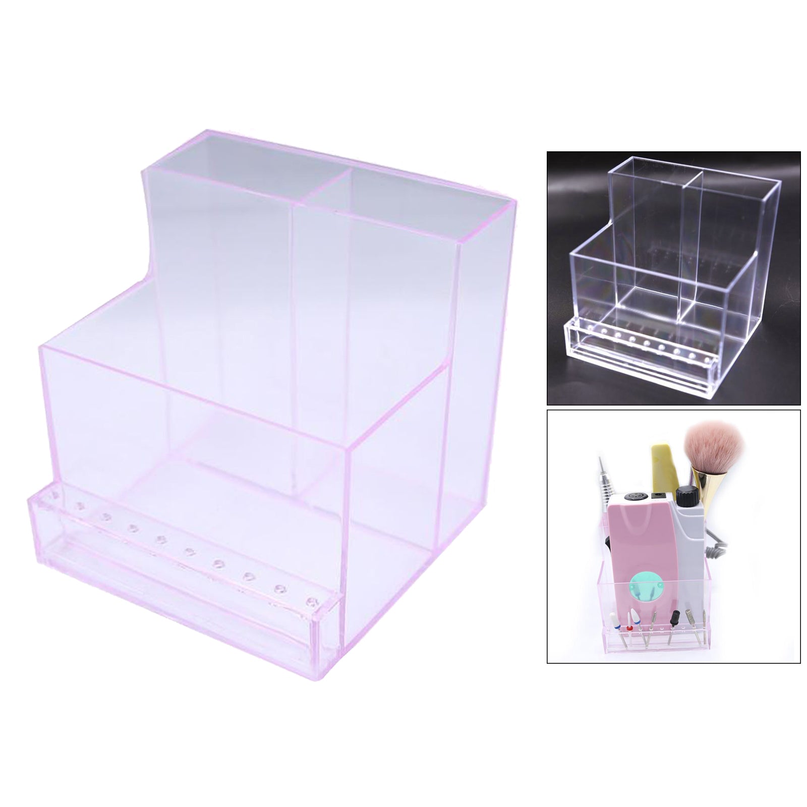 10 Holes Nail Drill Bits Holder Stand Tools Container Transparent pink