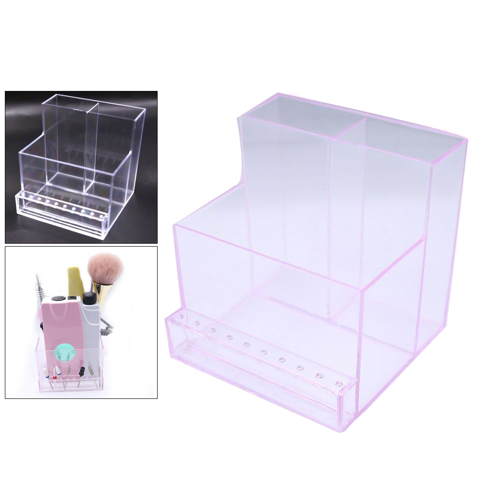 10 Holes Nail Drill Bits Holder Stand Tools Container Transparent pink