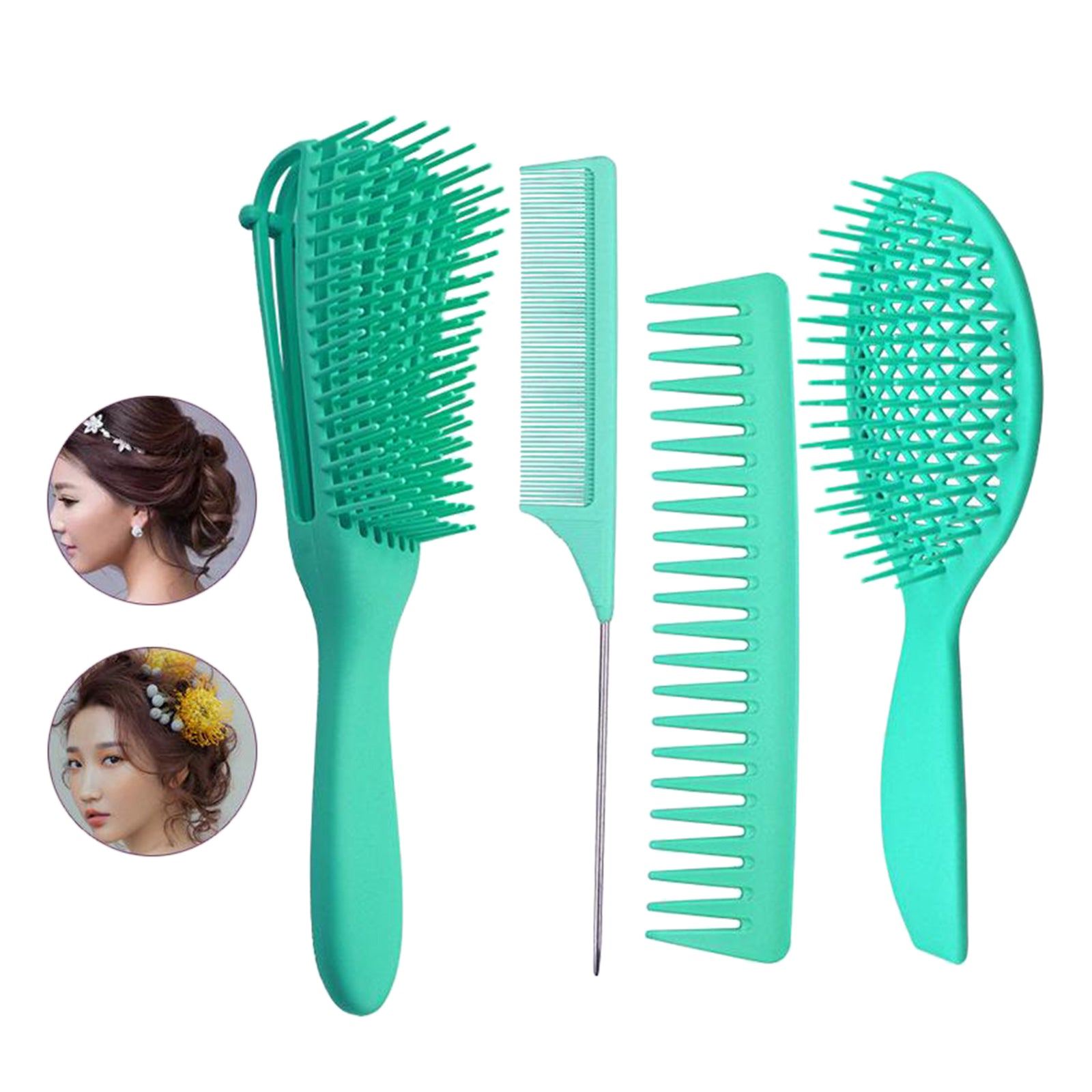 4x Salon Hair Styling Plastic Barbers Brush Combs Set for Long Hair Green